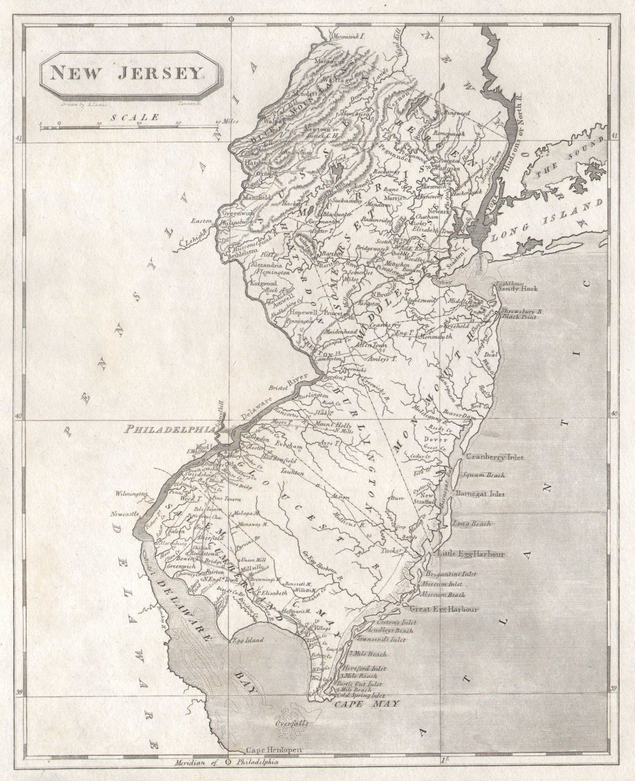 New Jersey state map by Arrowsmith & Lewis 1812 old antique plan chart